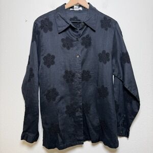 Poetic Women 100% Ramie Button Down Top Black Crochet Bohemian Coastal Lagen